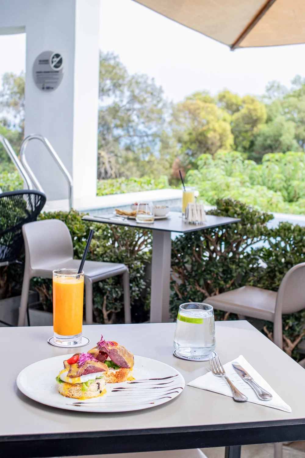 A morning plate and orange juice on the terrace